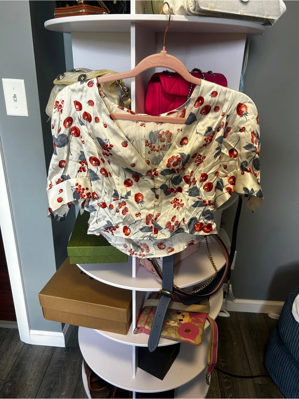 Reformation White Cherry-Print Puff Sleeve Blouse